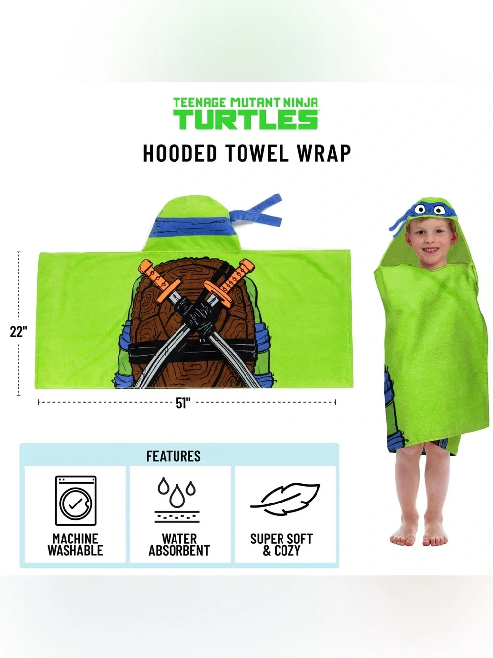 Teenage Mutant Ninja Turtles Kids Cotton Hooded Towel  , 51 in x 22 in